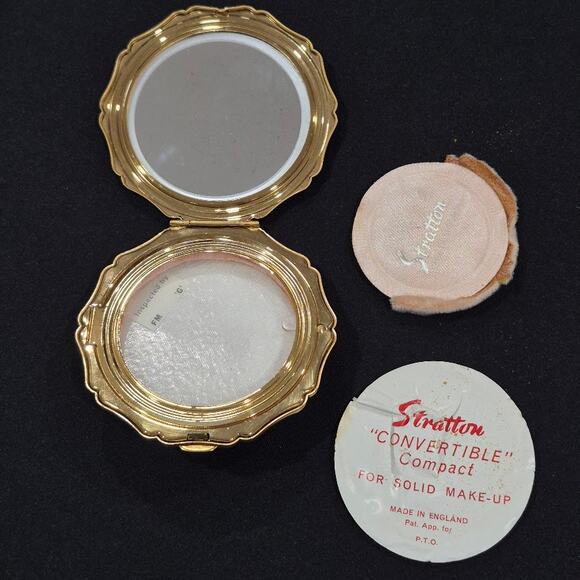 Vtg 50s Stratton Powder Compact Mirror Marbled Jade Green Gold Tone Made England - Picture 12 of 16